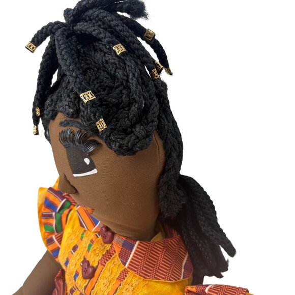 Handmade African Cloth Doll 30” Braided Hair w/Beads & Kente Dress Heart Buttons - Picture 4 of 7